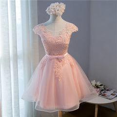 Custom Pink Lovely Cap Sleeves Knee Length Formal Dress, Pink Tulle Prom Dress