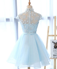 Cute Blue Lace Tulle Short Prom Dress. Cute Homecoming Dress