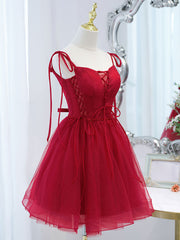 Cute Burgundy Tulle Lace Short Prom Dress, Lace Burgundy Puffy Homecoming Dress