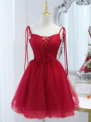 Cute Burgundy Tulle Lace Short Prom Dress, Lace Burgundy Puffy Homecoming Dress