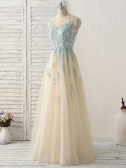 Cute Champagne Lace Long Prom Dress, A Line Tulle Bridesmaid Dress