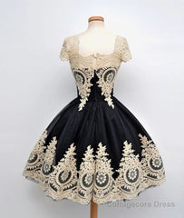 Cute Lace Applique Black Short Prom Dresses, Lace Applique Homecoming Dresses