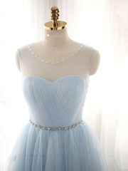 Cute Light Blue Homecoming Dress With Belt, Lovely Short Prom Dress