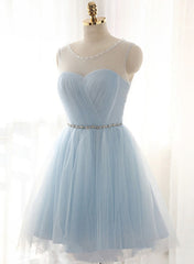 Cute Light Blue Homecoming Dress With Belt, Lovely Short Prom Dress