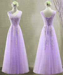 Cute Light Purple Tulle with Lace V-neckline Prom Dress, Long Evening Gown Formal Dress