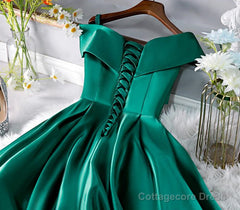 Cute Off Shoulder Green Satin Short Prom Dresses, Off the Shoulder Green Homecoming Dresses, Green Formal Evening Dresses