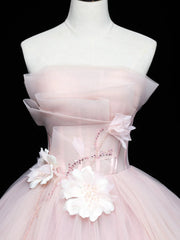 Cute Pink Ball Gown Tulle with Flowers Sweet 16 Dress, Pink Tulle Party Dress