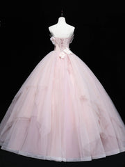 Cute Pink Ball Gown Tulle with Flowers Sweet 16 Dress, Pink Tulle Party Dress