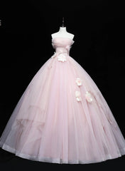 Cute Pink Ball Gown Tulle with Flowers Sweet 16 Dress, Pink Tulle Party Dress