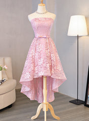 Cute Pink High Low Lace Scoop Homecoming Dress, Pink Short Prom Dress