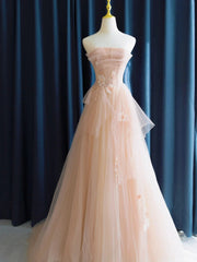 Cute Pink  Strapless Tulle Long Formal Dress with Flowers, Pink Tulle Prom Dress