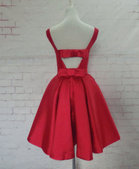 Cute Red A Line Satin Short Prom Dress, Backless Red Homecoming Dresses