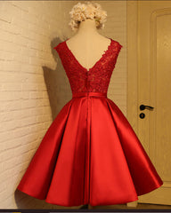 Cute Red Homecoming Dress, Round Neckline Lace and Satin Party Dress