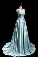 Cute Satin Long A-Line Prom Dress, Ice Blue Spaghetti Straps Evening Dress