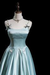 Cute Satin Long A-Line Prom Dress, Ice Blue Spaghetti Straps Evening Dress