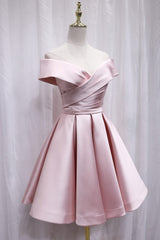 Cute Satin Pink Sweetheart Off Shoulder Knee Length Party Dress, Short Prom Dress