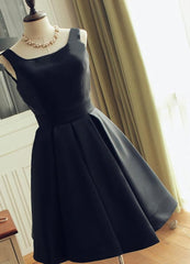 Cute Short Black Satin Knee Length Homecoming Dress, Black Party Dress