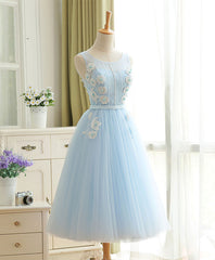 Cute Sky Blue Lace Tulle Short Prom Dress, Homecoming Dress