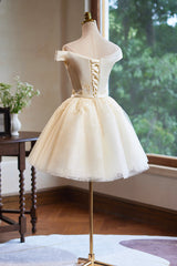 Cute Tulle Lace Knee Length Prom Dress, Champagne Off the Shoulder Evening Party Dress