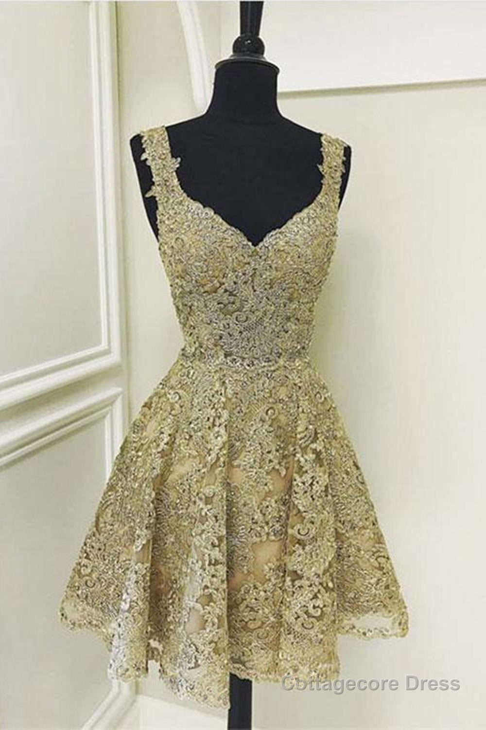 Cute V Neck Golden Lace Short Prom Dresses, Golden Lace Homecoming Dresses, Golden Formal Evening Dresses