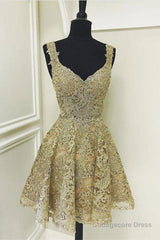 Cute V Neck Golden Lace Short Prom Dresses, Golden Lace Homecoming Dresses, Golden Formal Evening Dresses