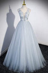 Cute V-Neck Tulle Long Prom Dress, Gray Evening Dress Party Dress