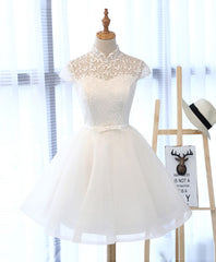 Cute White Lace Short Prom Dress, White Homecoming Dress