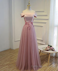 Pink A Line Off Shoulder Floor Length Prom Dress, Lace Evening Dress