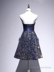 Dark Blue A-Line Sequin Lace Short Prom Dress, Cute Blue Homecoming Dress