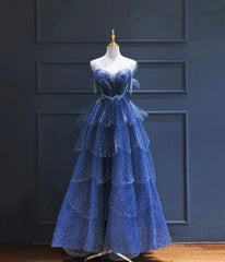 Dark Blue A Line Strapless Beaded Tulle Long Senior Prom Dress Evening Party Dress