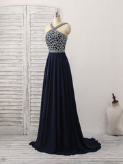 Dark Blue Chiffon Beads Long Prom Dress, Blue Evening Dress