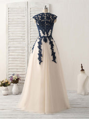 Dark Blue Lace Applique Tulle Long Prom Dress Blue Bridesmaid Dress