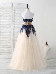 Dark Blue Lace Applique Tulle Long Prom Dress Blue Bridesmaid Dress