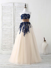 Dark Blue Lace Applique Tulle Long Prom Dress Blue Bridesmaid Dress