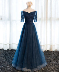 Dark Blue Lace Tulle Long Prom Dress, Lace Evening Dress