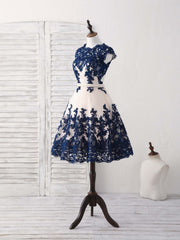 Dark Blue Lace Tulle Short Prom Dress Blue Bridesmaid Dress