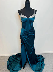 Dark Blue Mermaid Satin Spaghetti Straps Beading Prom Dress