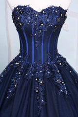 Dark Blue Tulle Lace Princess Dress, A-Line Strapless Long Prom Dress