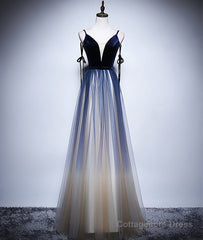 Dark blue tulle long prom dress, blue evening dress