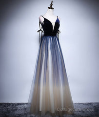 Dark blue tulle long prom dress, blue evening dress