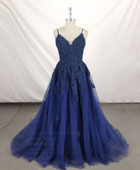 Dark Blue V Neck Tulle Lace Long Prom Dress Blue Lace Bridesmaid Dress