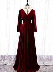 Dark Burgundy Velvet High Neck Long Sleeve Prom Dress