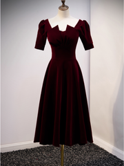 Dark Burgundy Velvet Square Short Sleeve Short Prom Dress