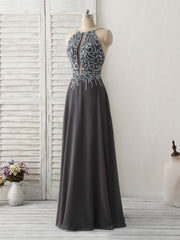 Dark Gray Sequin Beads Long Prom Dress Backless Evening Dress