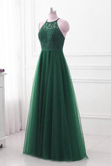 Dark Green Cross Back Tulle Halter Long Party Dress, A-line Junior Prom Dress