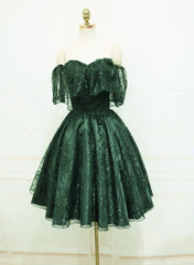 Dark Green Lace Off Shoulder Short Party Dress, Lace Homecoming Dress