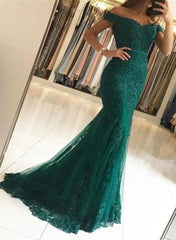 Dark Green Mermaid Off Shoulder Party Dress with Lace Mermaid Prom Dress prom dresses shops