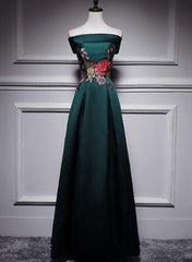 Dark Green Satin Off Shoulder Floor Length Satin Party Dress, Green Prom Dress Formal Dress