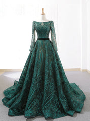 Dark Green Sequins Long Sleeve Backless Prom Dress With Long Train