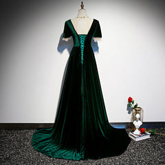 Dark Green Velvet Short Sleeves A-line Bridesmaid Dresses, A-line Wedding Party Dress Prom Dress